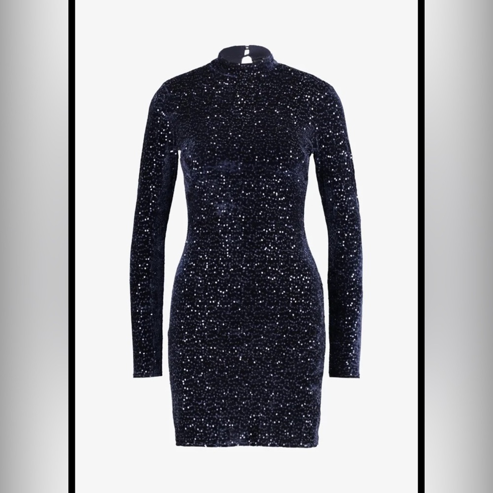 Miss Selfridge Velvet Navy Sparkle Long Sleeve Dress